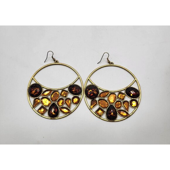 VTG Leopard Amber Honey Gold Tone Huge Hoop Dangle Earrings Costume Runway - Picture 2 of 9